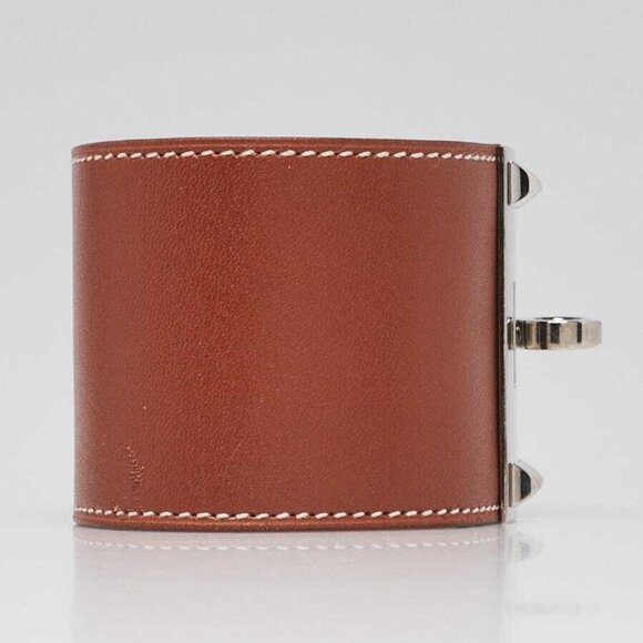 Hermes Gold Swift Leather Palladium Plated Wide Kelly Dog Bracelet Size L - Picture 3 of 7